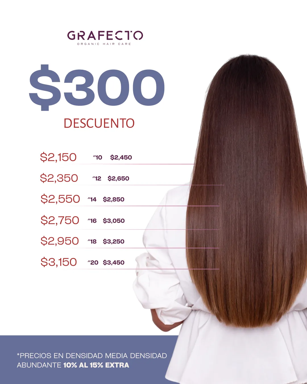 Tabla de precios Grafecto Hair Therapy por largo en pulgadas, con $300 de descuento